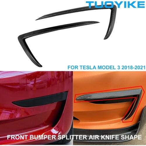 2PCS Car Styling Real Dry Carbon Fiber Front Bumper Splitter Spoiler Lip Kit Air Knife Shape For Tesla Model3 Model 3 2018-2021