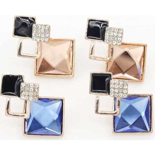 4 Squares Shiny Crystal & Blue Brown Rhinestone Stud Earrings for Women