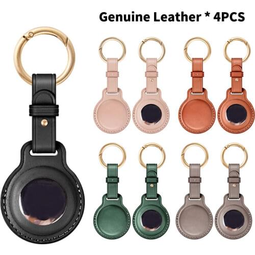 4PCS Cowhide Airtag Case Genuine Leather Protective Tracking Anti-Lost Dog Cover Is For Apple Airtags Metal Key Ring Air Tag