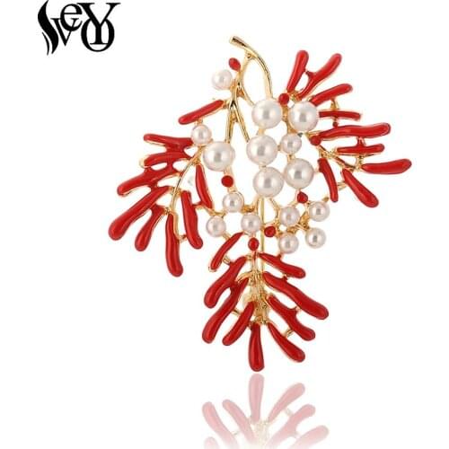 VEYO Lovely Coral Enamel Red Color Pearl Brooches for Women Trendy Brooch Pin Fashion Jewelry New Gift