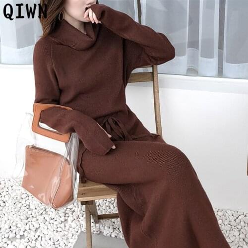 One Piece Knit Dress Women Autumn Turtleneck Oversize Drawstring Sweater Dress Woman 2020 Winter Ladies Knitted Dress Midi Dress