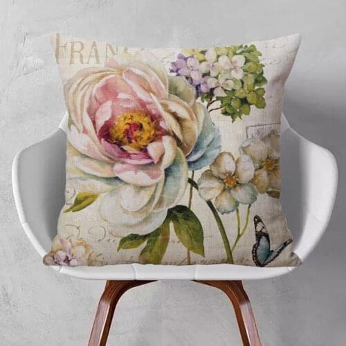 Floral Pattern Cushion Cover Flower Art Pillowcase Decor Beige Linen White Polyester 45X45cm Sofa Chair Decoration