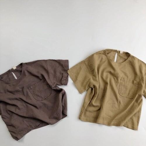 Childrens Shirt 2020 Summer New Korean Linen Cotton Retro Mori Shirt Boys and Girls round Neck Shirt