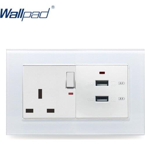 Dual 2.1A USB Socket Wallpad Crystal Glass 110V-250V 5V Output USB Phone Charger + 13A UK Switched Socket with LED