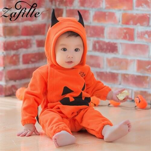 ZAFILLE Toddler Baby Halloween Costume Hooded Baby Pumpkin Rompers Fleece Winter Jumpsuit For Kids Halloween Party Clothes