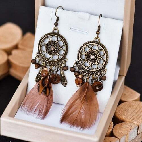 Personality Retro Round Flower Inlaid Wooden Bead Earrings Long Feather Earrings Female Ethnic Style Jewelry