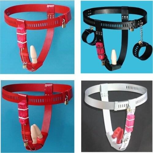 Adult Game Black Red Silver PU Restraints Kits Chastity Belts with Handcuffs and Vibration Butt Plug Sex Toys for Women G7-5-66