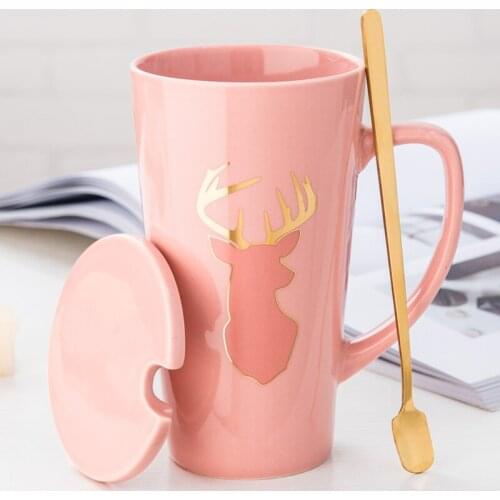 Creative Nordic ceramic water cup large capacity male Mug coffee cup with spoon cap personalized home couple cup