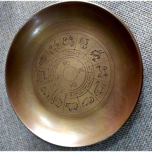 Antique collection brass plate brass plate Pure bronze plates and ornaments of the twelve zodiac animals small tray bowl