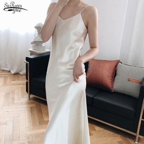 Summer Solid V Neck Evening Party Dresses Woman Backless Sexy Satin Slip Dress Women Robe Femme Casual Ladies Dress Prom 14305