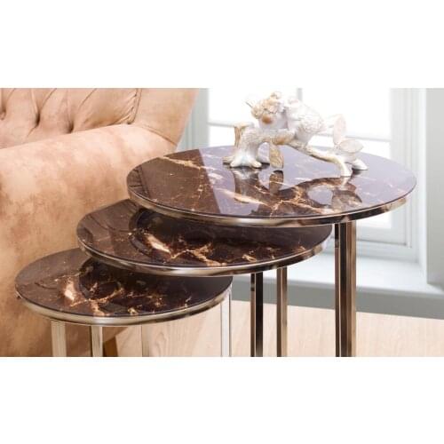 Mermer Görünümlü Düz Gümüş Ayaklı Üçlü Zigon Sehpa