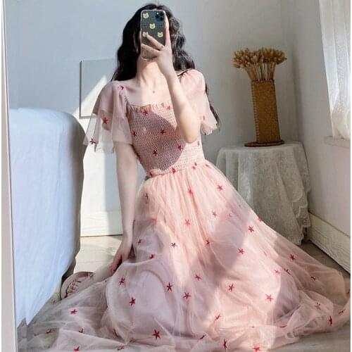 Sweet Girl Summer Mesh Patchwork Lolita Cherry Fairy Midi Dress French Gentle Vintage Literary Girl Court Style Elegant Woman