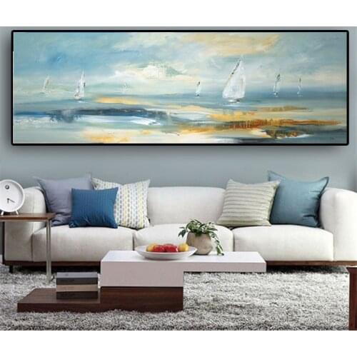 Natural Abstract Boat Landscape Oil Painting on Canvas Cuadros Poster and Print Wall Art Picture for Living Room Home Decoration