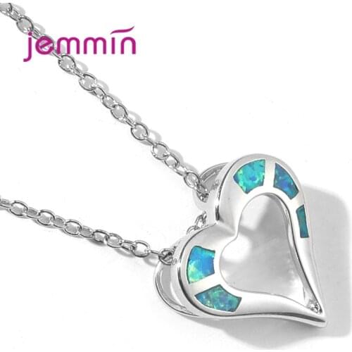 Brand 925 Sterling Silver Blue Opal Pendant Necklaces For Women Heart Design Wedding Statement Chain Necklace Jewelry Gift