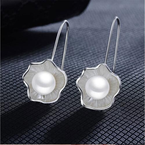 925 Sterling Silver Charming Lotus Shaped Drop Earring With Simulated Pearl For Women Jewelry Gifts Dropshipping S-E507