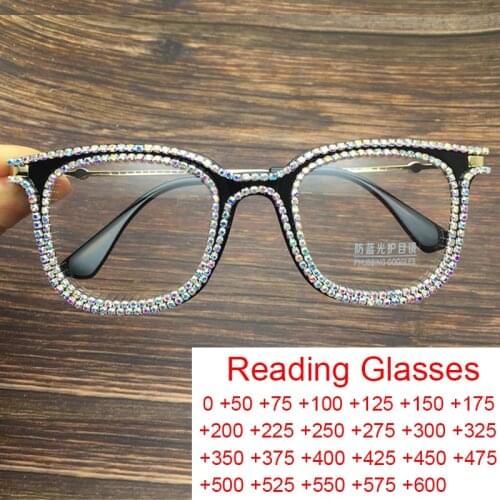 Crystal Reading Glasses Square eyeglasses frames Clear Glasses anti blue light computer glasses for women Bling Diamond Eyewear