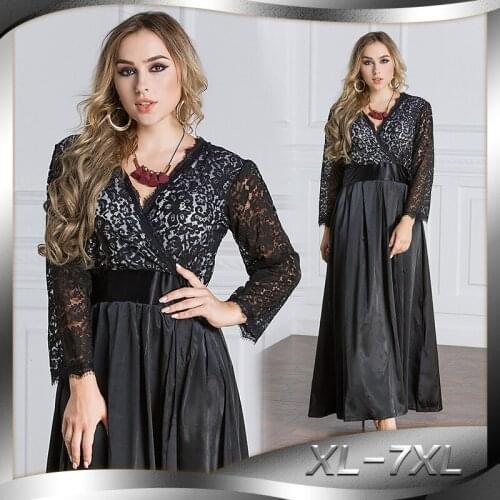 New womens clothing lace v-neck dresses womens dresses european dresses plus size xl-7xl full dress ankle-length 5218