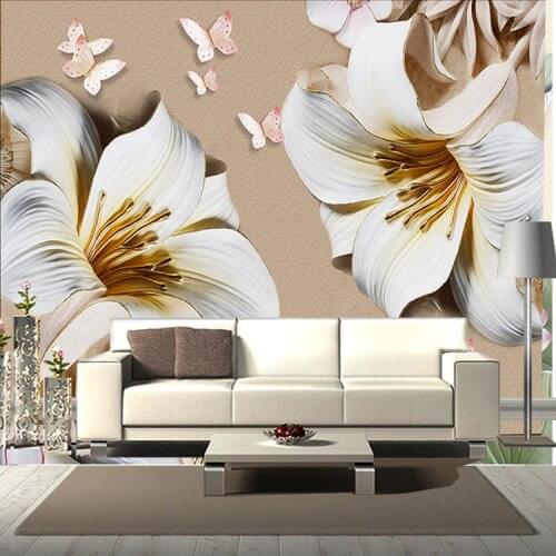 Custom Mural Wallpaper 3D Stereo Embossed Lily Living Room TV Background Wall Painting Butterfly Flower Wallpaper For Walls 3 D