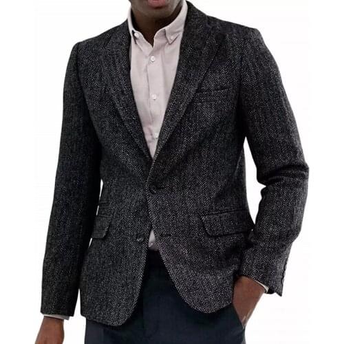 Latest Coat Design Custom Made Black Grey Tweed Suit Men Herringbone Suit Tweed Coat Tweed Fall Winter Sport Coat 2pieces Suits