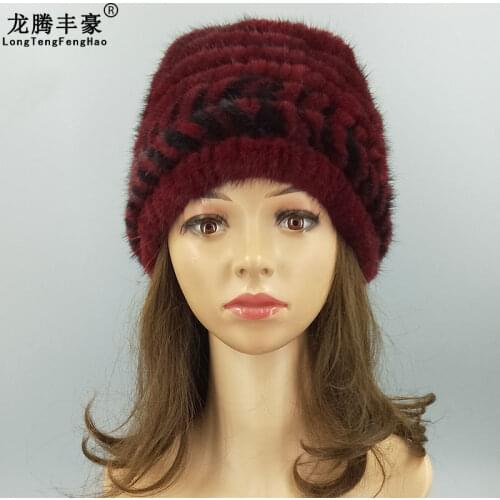 Striped Knitting Cap Mink Fur Knitted Hats Female Beanies Natural Fur Russian Ushanka Hats Elastic Winter Warm Women Hats