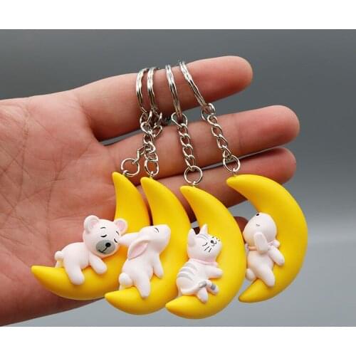 Cute Moon Dolls Rabbit Bear Dog Cat Keychain Kids Toy Figure Key Chain Backpack Bag Pendant Car Keyring Mix 24pcs/lot wholesale