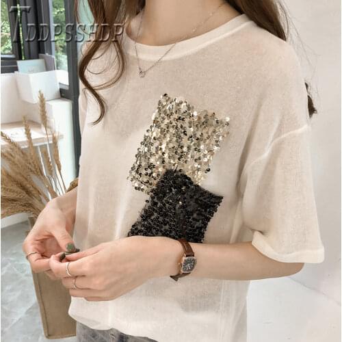 2020 Summer New Korean Sequins Pocket Women T Shirt Short Sleeve Casual Female Tee Shirts
