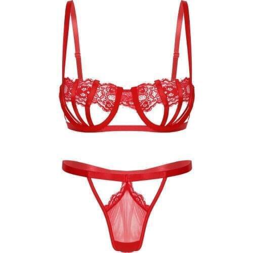 Women Lace Decor Strappy Lingerie Set Underwear Nightwear Hollow Out Underwire Bra with T-back G-string Briefs Panties nightwear