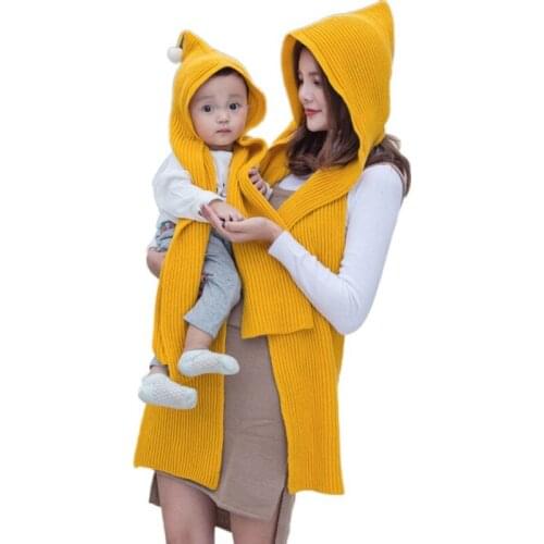 Winter Warm Women and Kid Cotton Hooded Poncho With Hiking Hat Scarves in 1 Lady Wraps Knitted Hood Scarf Solid