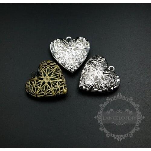 27mm silver,bronze brass filigree heart photo locket DIY pendant charm supplies 1131059