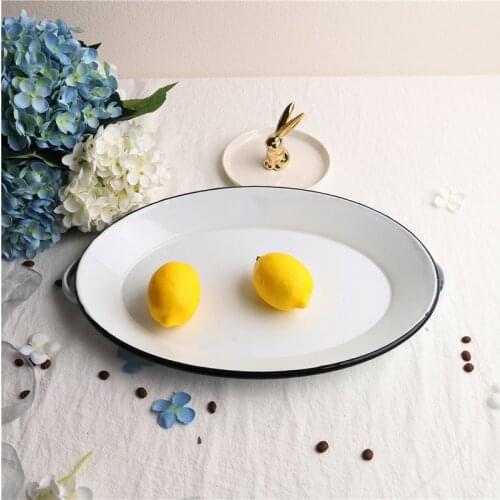 37.5cm American Enamel Oval Binaural Tray Thickened Enamel Fruit Plate Enamel Dinner Plate