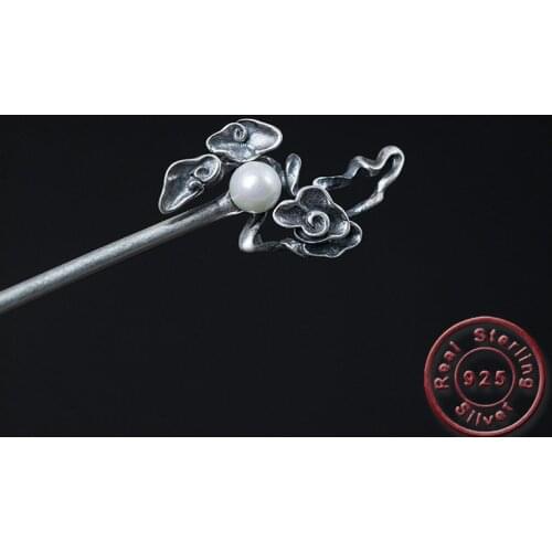 Amxiu Handmade Freshwater Pearl Hair Sticks Vintage Antique Silver Hair Jewelry 925 Silver Cloud Hairpins For Womens Day Gift