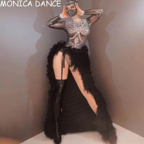 Black Rhinestone See Through Bodysuit +Removable Mesh Trailing Dress Women Crystal Perspective Leotard Singer Stage Party Outfit