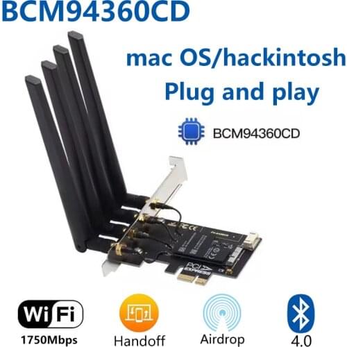 Dual band BCM94360CD Hackintosh PC 1750Mbps WiFi Bluetooth 4.0 PCI-E Adapter for MacOS Airdrop Handoff Continuity 802.11AC