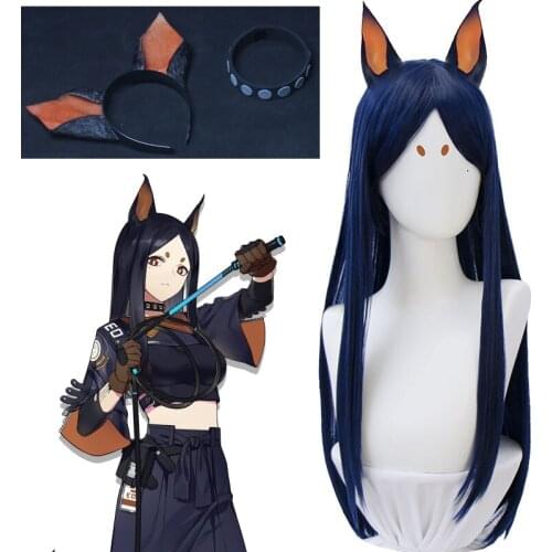 Game Arknights Dobermann Cosplay wigs Headwear and Collar Dark blue long wigs Halloween Fiber synthetic wig Carnival suit dress