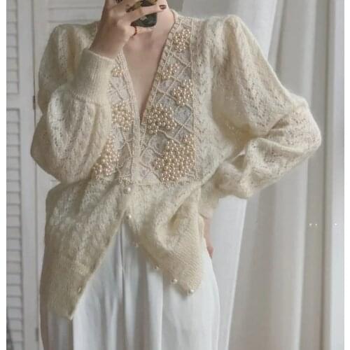 Spring Autumn Women Sweet Knitted Tops Cardigans Sweaters Luxury Pearls Beadings Young Ladies Sweaters Knitted Tops SY133