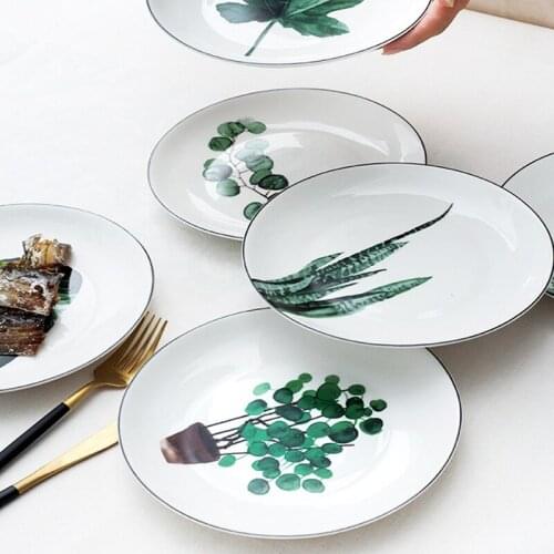 1pcs Handcraft Green Plants Porcelain serving Platter Ceramic Plate Steak Plates Dishes Home Kitchen Decoration Christmas Gift