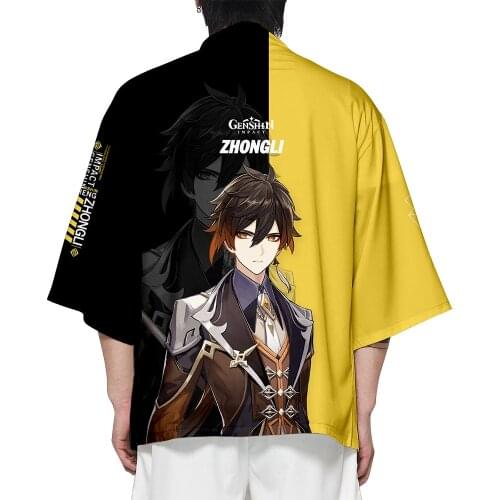 Game Genshin Impact Zhongli Kimono Japanese Haori Yukata Zhong Li Cosplay Summer Short Sleeve Kimono Halloween Shirts Unisex