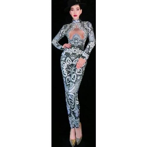 New Printed Rhinestone Pearl Jumpsuit Female Singer Dancer Spandex Leggings Birthday Prom Party Outfit Performance Show Clothes