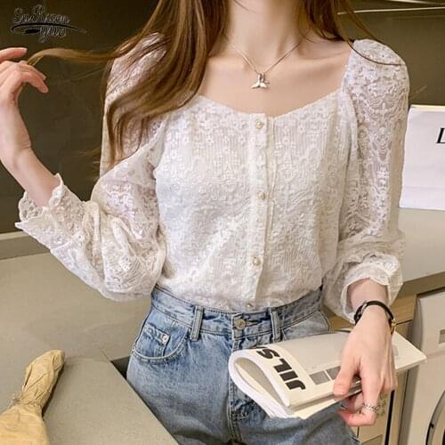 Korean Square Collar Embroidery Floral Blouses Spring Elegant Crochet Lace Women Tops Alll-match Long Sleeve Shirts Female 13980