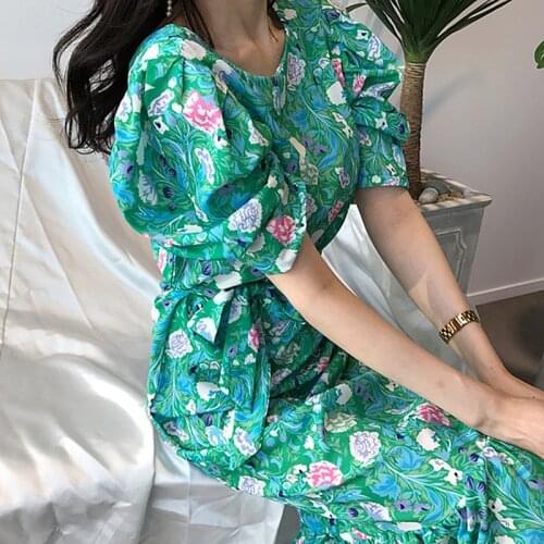 Korea Chic Retro Elegant Round Neck Full-Screen Color Design Bow Tie Waist Puff Sleeve Dress Women