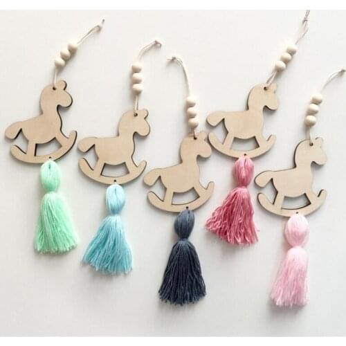 Creative Nordic Style Cute Horse Shape Wooden Beads Tassel Pendant Kids Room Decoration Wall Hanging Ornament For Photography