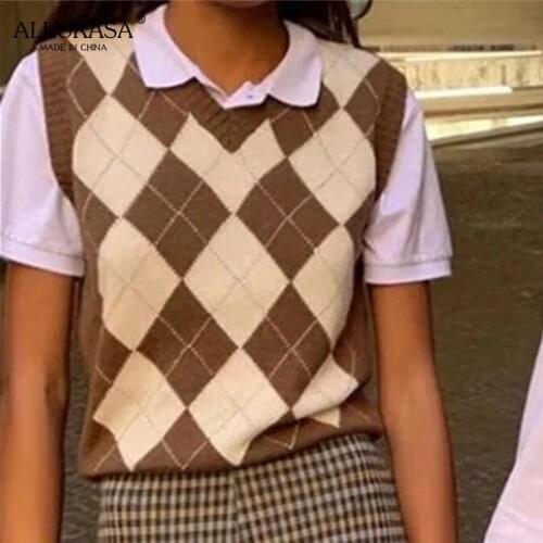 Fashionable Plaid Knit Vest Ladies V-neck Sleeveless Vest Oversized Sweater British Preppy Style Y2K Casual Ladies' 90s