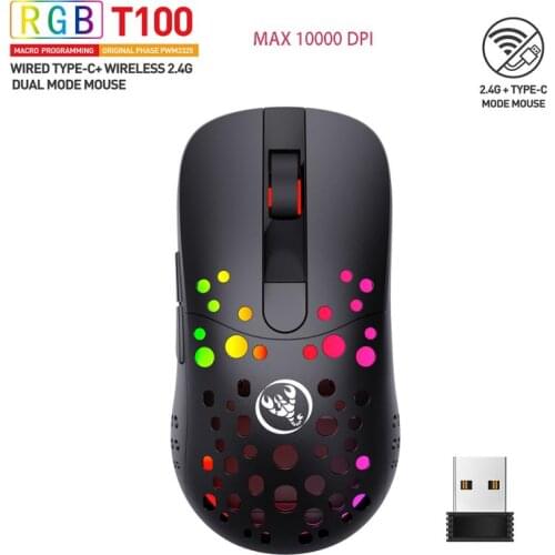 T100 Wired+2.4G Wireless Macro Programming Dual-mode Mouse RGB Glare Gaming Mouse 10000DPI And 1000HZ Adjustable Long Standby