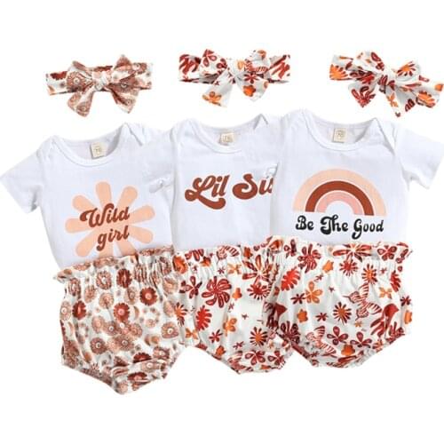 New Arrival Three Piece Baby Girl’s Clothes Set Letter Short Sleeve Romper and Flower Short Pants with Headband Infant Clothing