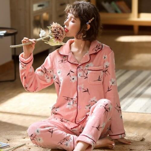 Autumn Winter Women Soft Flannel Pajamas set Flowers Cardigan Nightwear Pyjamas Sleepwear Pijama Homme MSJ04