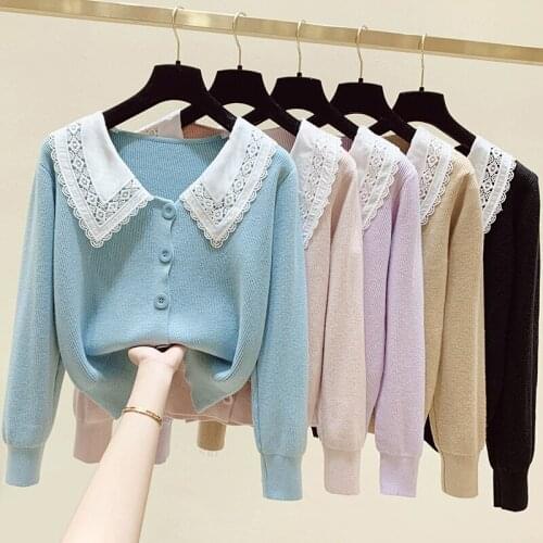 Autumn Winter cardigans 2021 New Fashion Lace Doll Collar Stitching Sweater Loose Casual Sweater Womens Trend Vintage cardigans