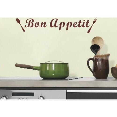 Bon Appetit With Spoon And Fork Wall Sticker French Quote Wall Decals Kitchen Decoration Waterproof Removable Home Decor Poster