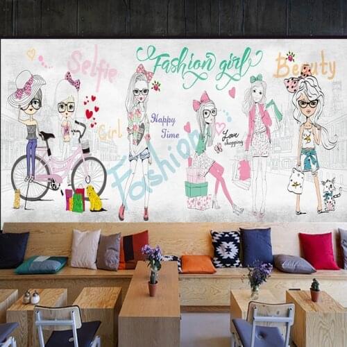 Drop Shipping Custom Photo Wallpaper Hand Painted Fashion Girl Mural Custom Clothing Store Shopping Center Background Wallpaper