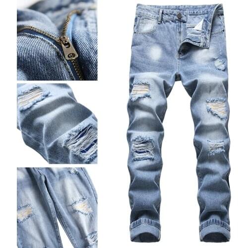 Straight mens ripped jeans light blue casual trousers mens jeans hole ruined denim
