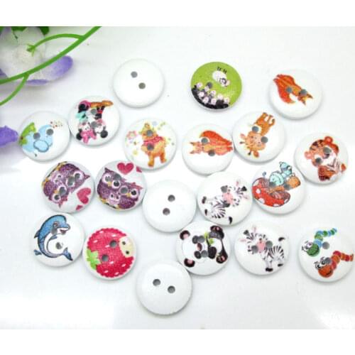 100ps 15mm Popular Mixed White Round Animal Series Pattern Wooden Buttons For Clothes Crafts Sewing Scrapbooking DIY Accessories